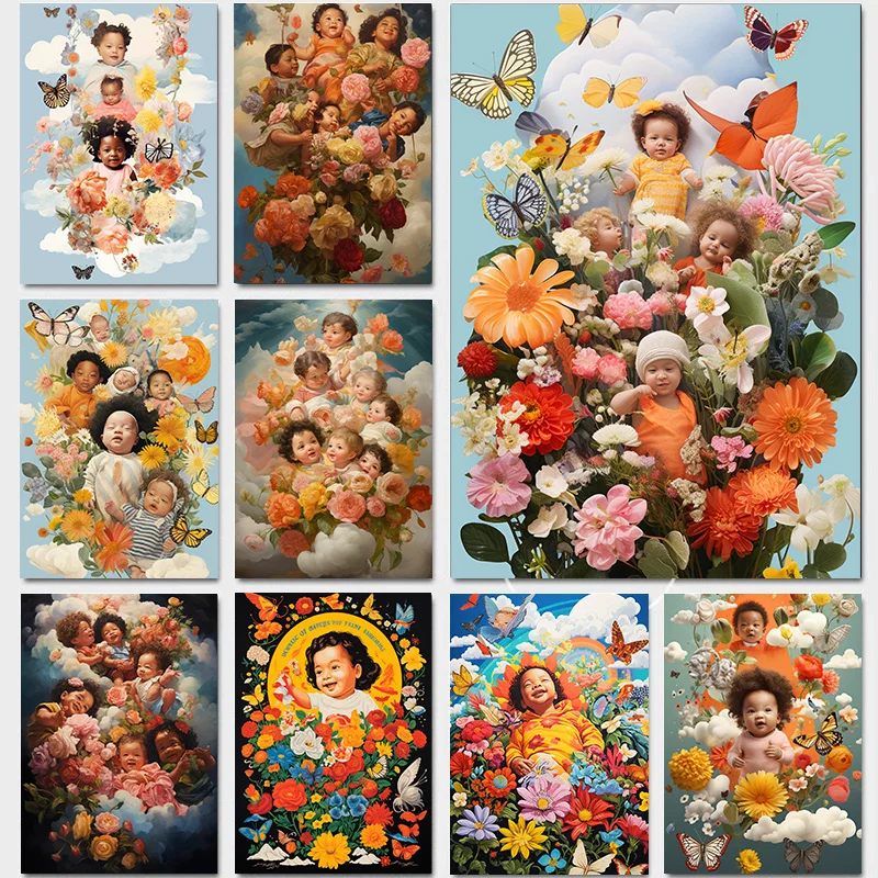 

Canvas Printing Bedroom Decoration Home Decorations Laughing Babies Surrounded By Flowers Curly Hair Home Decor Interior 1pcs