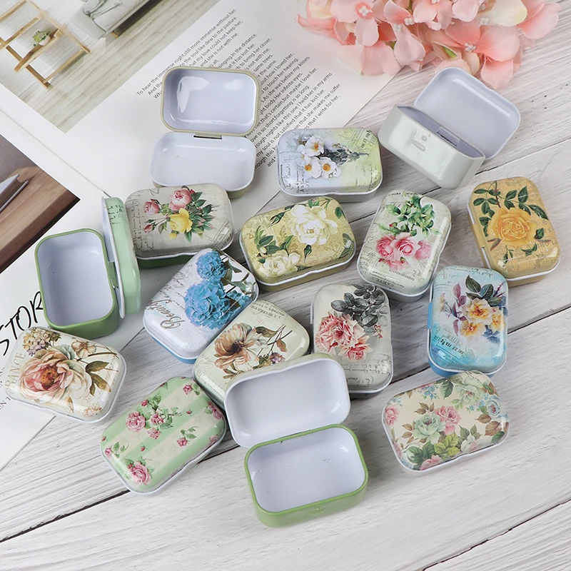 Mini Flower Tin Trinket Jewelry Coin Box Tinplate Storage Case Small Rectangular 4