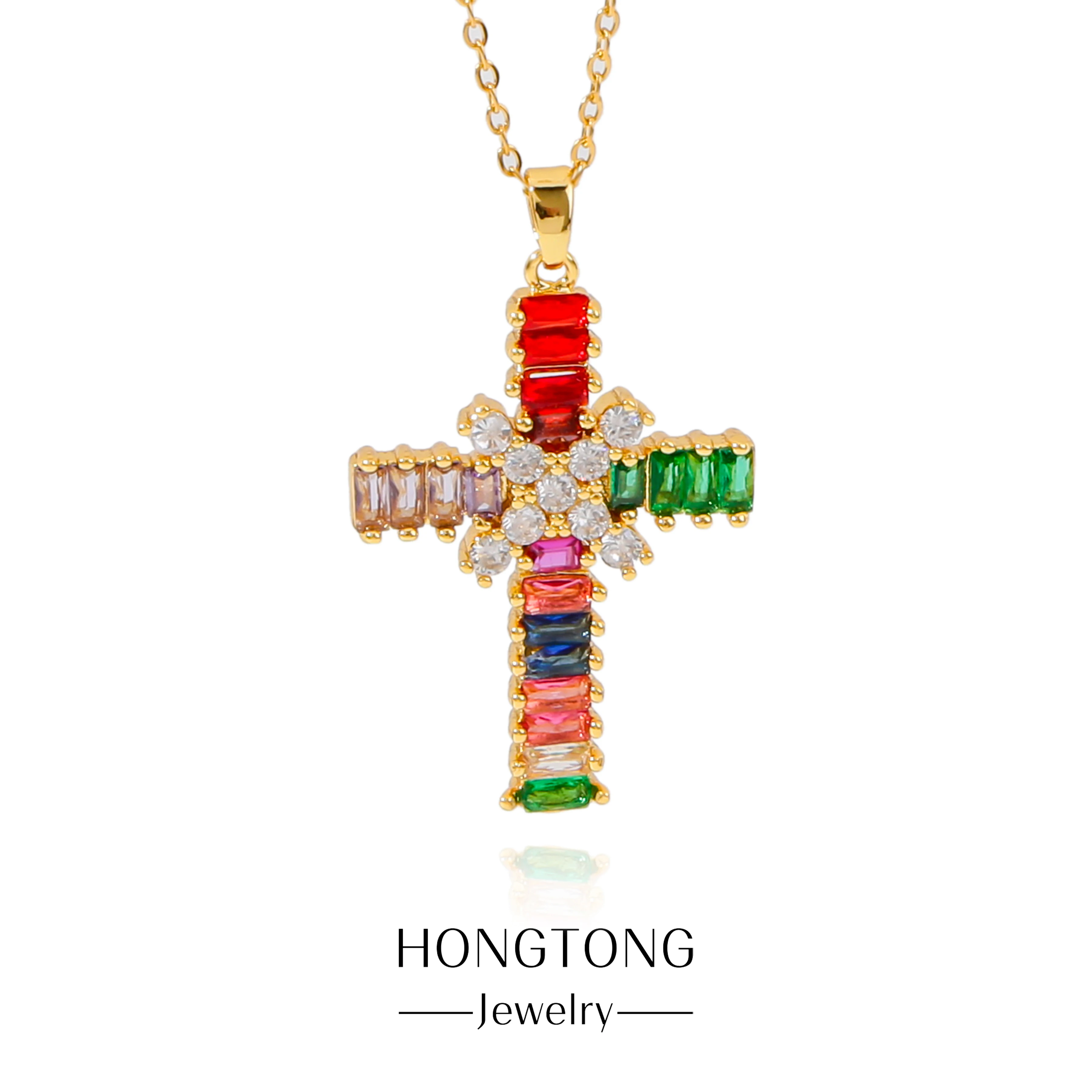 

HONGTONG Fashion Creative Colorful Zircon Exquisite Cross Statue Pendant Necklace Church Prayer Temperament Jewelry Gift
