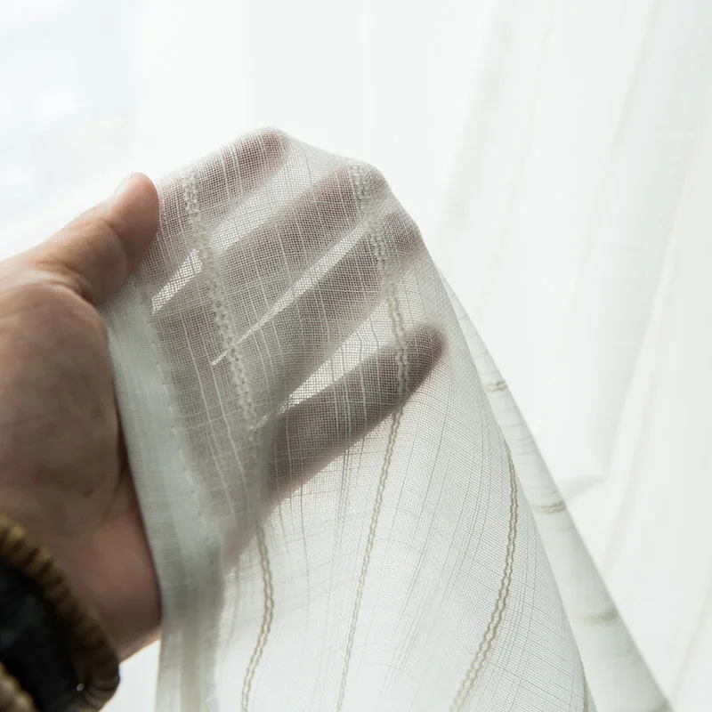 

Simple modern cotton and linen striped white gauze curtains for Nordic living room balconies transparent window screens curtains