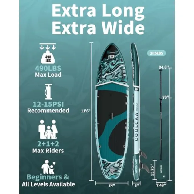 Family beginner SUP for fishing and water activities: 11'6 x 34 extra wide inflatable paddle board durable PVC material blue-gr