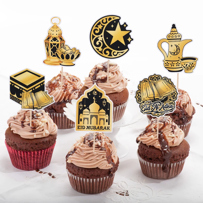 12/36Pcs Eid Mubarak Cupcake Topper Moon Star Mosque Cake Dessert DIY Decoration Islamic Muslim Party Baking Tool Ramadan 2025