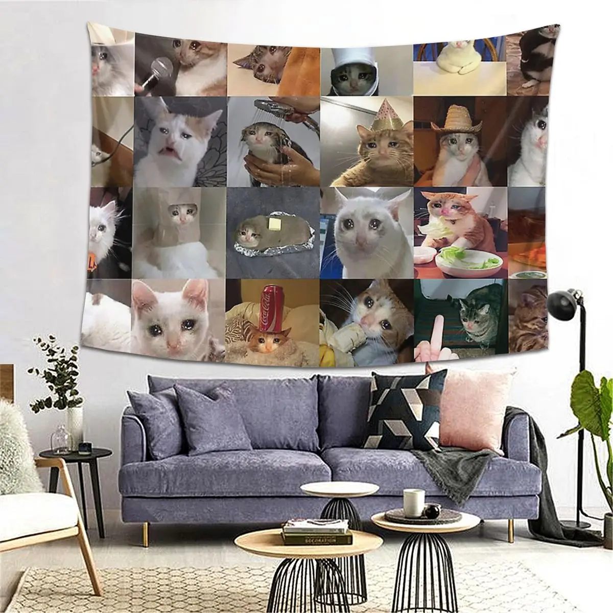 

Sad Cat Meme Tapestry Decoration Art Aesthetic Tapestries for Living Room Bedroom Decor Home Funny Wall Cloth Wall Hanging