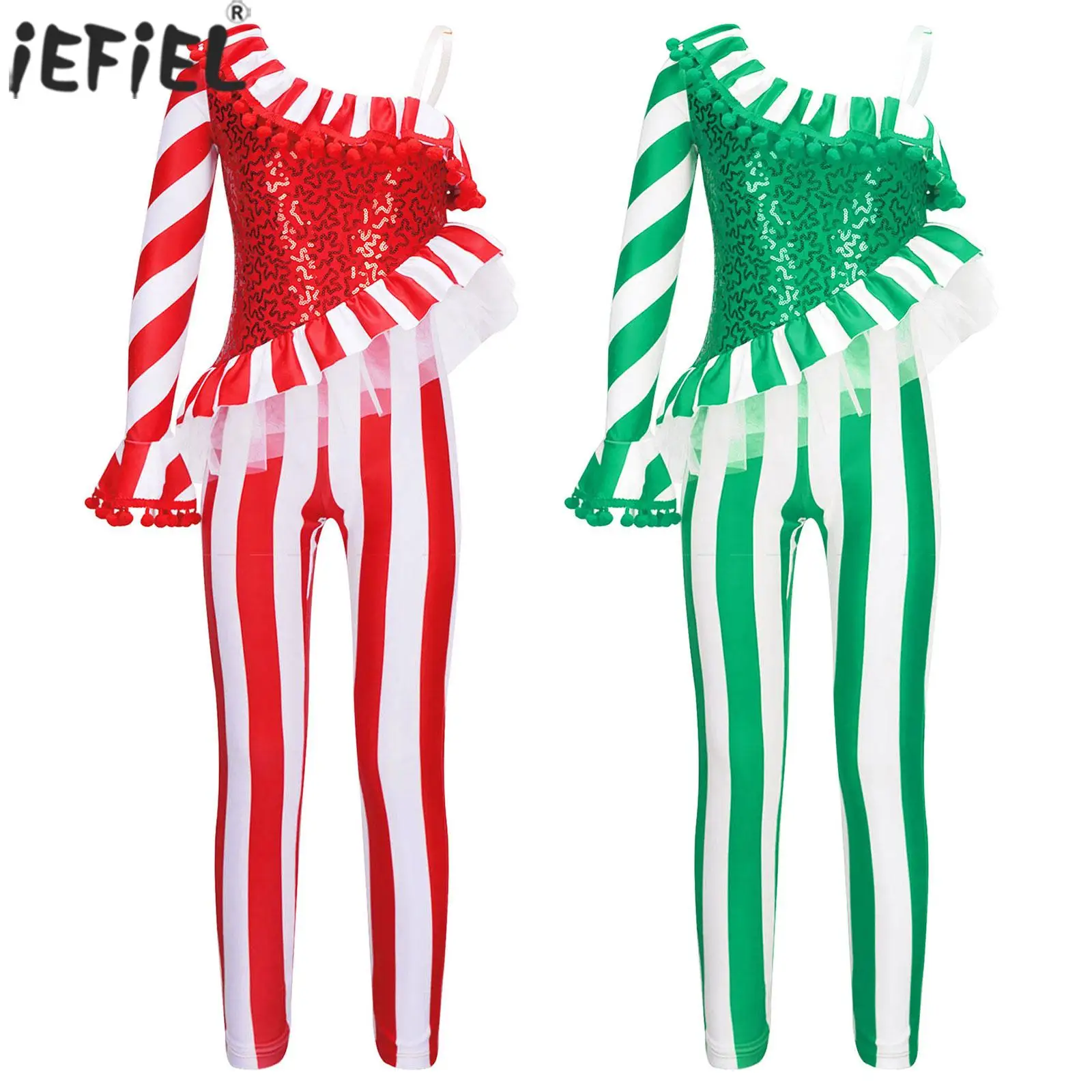 Kids Girls Candy Cane Christmas Dance Costume Balletto Ginnastica Body Body Una Spalla A Righe Xmas Tuta Dancewear