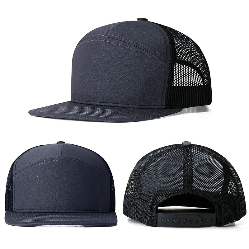 Custom Logo 7 Panel Trucker Hat Unisex Flat Brim Patchwork Mesh Baseball Caps Mens Hip Hop Sport Hats Visor Hat casquette gorros 2