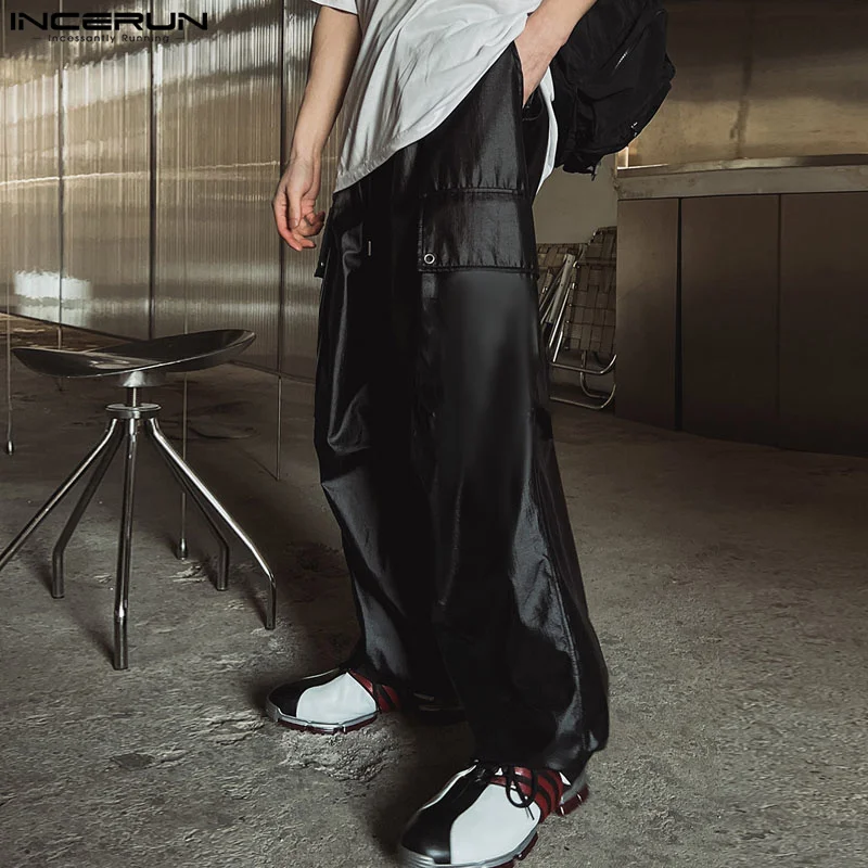 

INCERUN 2023 мужские брюки в Корейском стиле свободные прямые брюки-карго из блестящей ткани с большими карманами брюки для бега