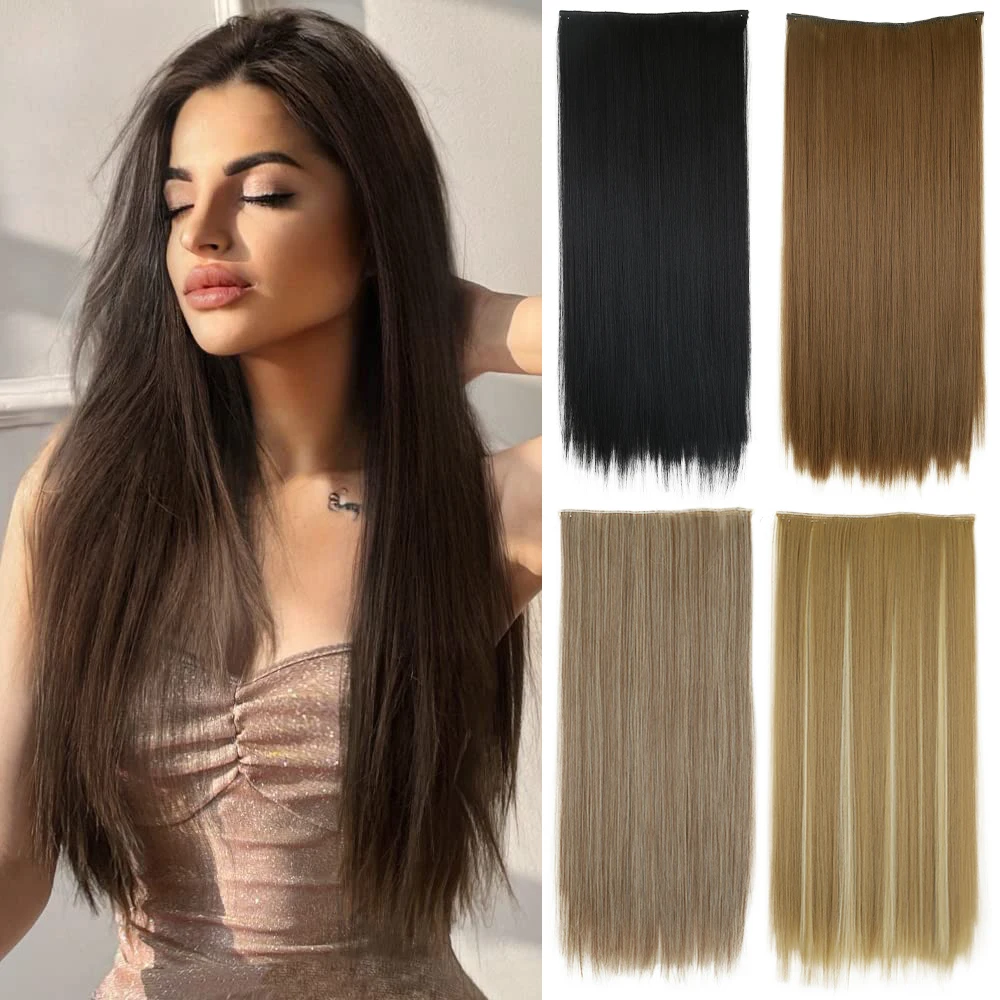 Synthetic 5 Clip On Hair Extension Long Straight Hairpiece Natural Heat Resistant Fiber 56cm Fake Hair For Women Hairstyle