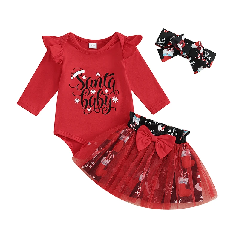 

Bmnmsl Baby Girls Christmas Clothes Letter Print Long Sleeves Romper and Skirt Cute Headband Fall Outfit