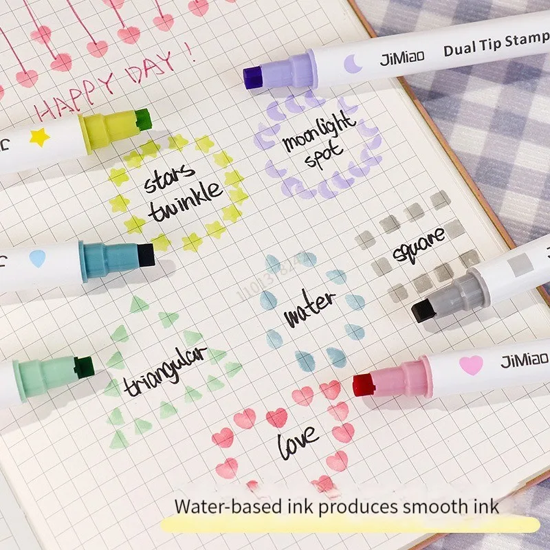 6 Colors Stamp Double Headed Art Markers Highlighter Pen Star/Heart/Moon/Drop/Square for Scrapbook Diary Poster Christmas Card 4