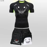 Anime drôle visage 2 en 1 Shorts t-shirt costumes hommes Fitness respirant seconde peau Compression chemises ensembles gymnase Double pont Shorts 5