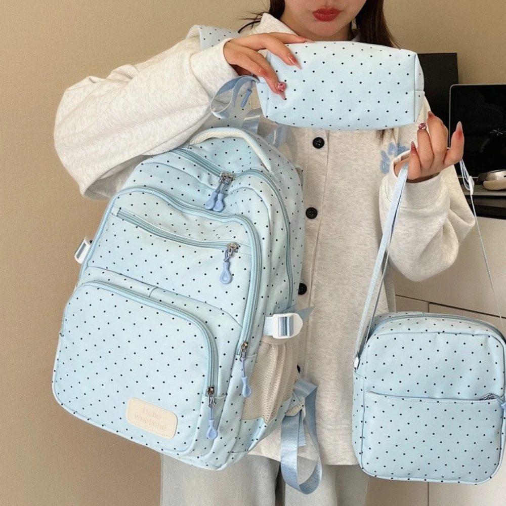 Charming Polka Dot 3-Piece Backpack, Crossbody Bag & Pencil Case Set - Large-Capacity Casual Travel Pack