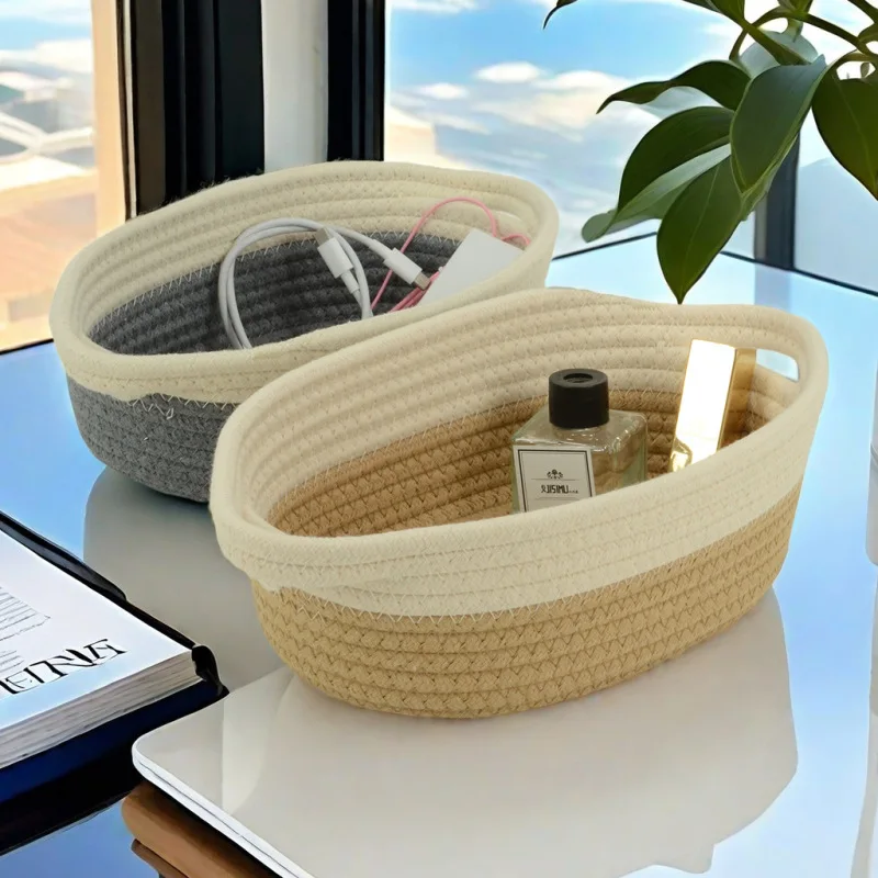 Oval Cotton Rope Storage Basket with Handle, Storage Basket Multi-purpose Storage, Bedroom Storage, Toys, Clothes