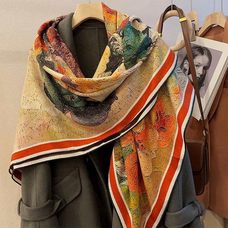 Silk Wool Scarf 135CM Hems Rolled Brand Scarf Designer Luxury