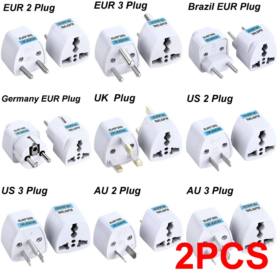 2 uds Universal americano europeo EUR AU UE a EE. UU. Reino Unido adaptador de enchufe de CA Israel Brasil convertidor de viaje enchufe 110V-220V