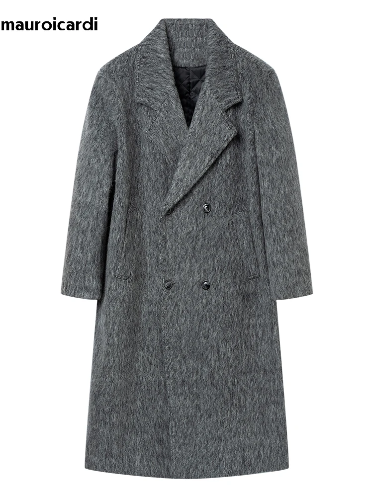 Mauroicardi Autumn Winter Long Gray Oversized Thickened Warm Soft Wool & Blends Coat Men Double Breasted Korean Fashion 2023 3