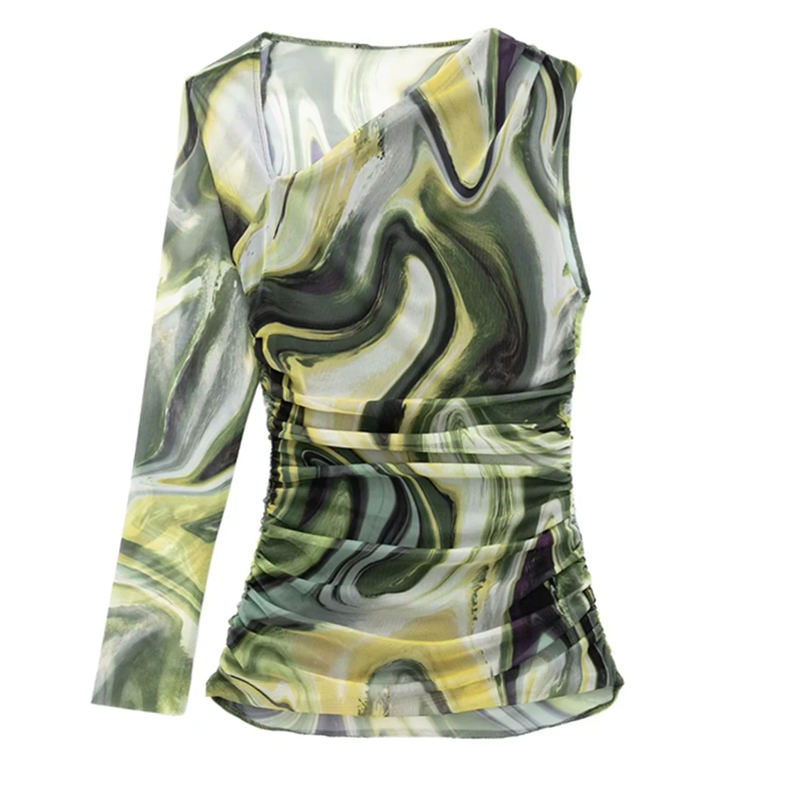 

Dave&Di High Street Personality T-Shirt Asymmetrical Printing Mesh T-Shirt Women Tops