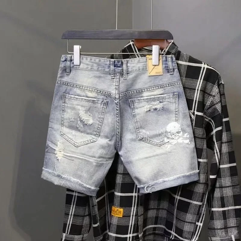 Men jeans ripped hole skeleton skull printed Korean slim fitting cowboy denim shorts