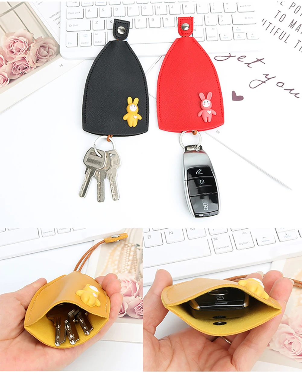 

PU Leather Key Organizer Bag Women Car Door Security Door Key Protection Cover Pull Type Cute Rabbit Bag Accessories 2022 New