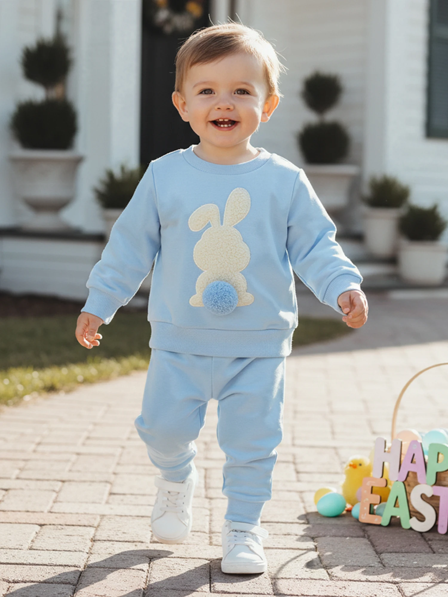 Adorable Baby Girl Boy Easter Outfit with Long Sleeve Crew Neck Bunny Embroidery Sweatshirt and Elastic Waist Pants Set for