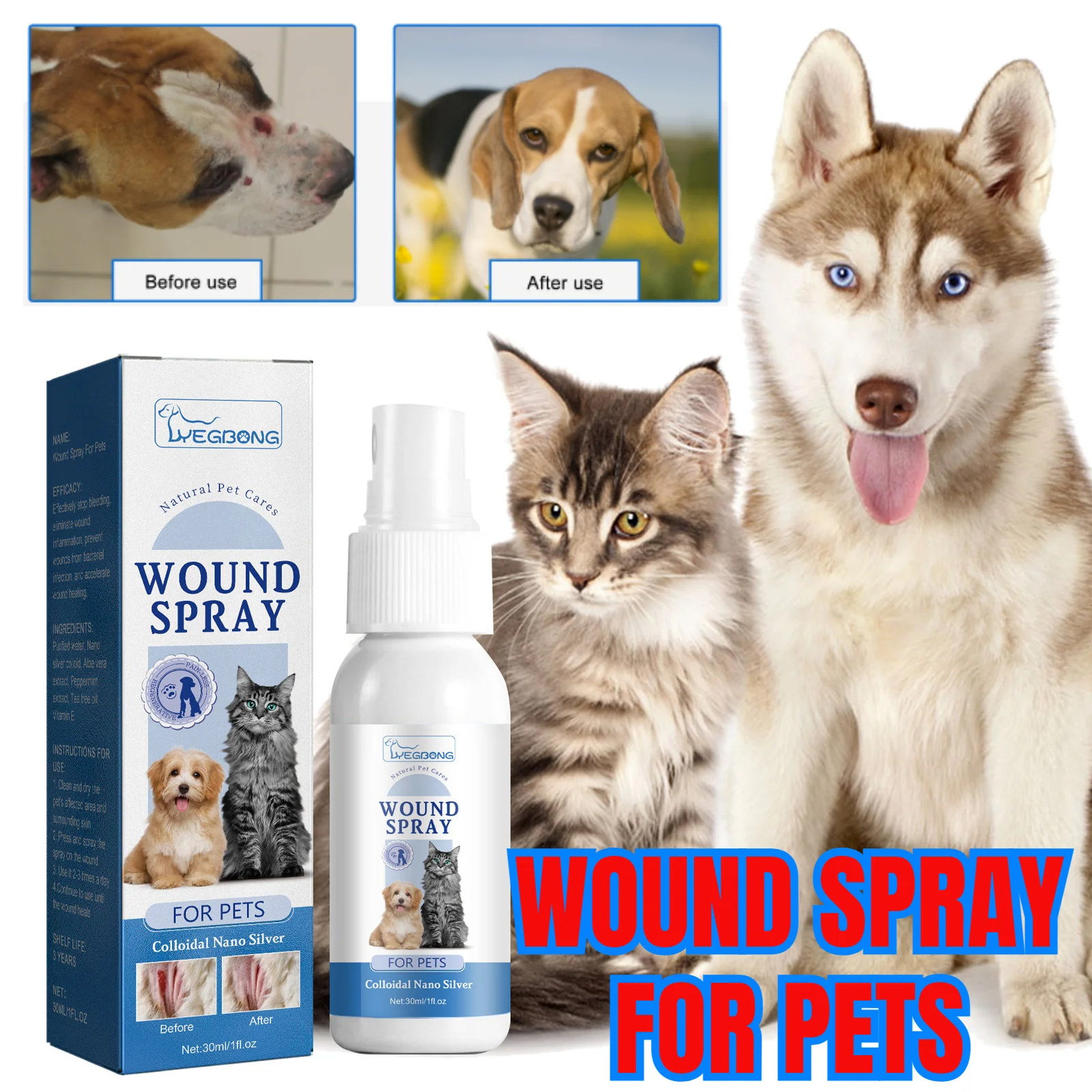 

Pet Wound Care Spray To Relieve Itching of Cats and Dogs Skin Wound Care 30ml
