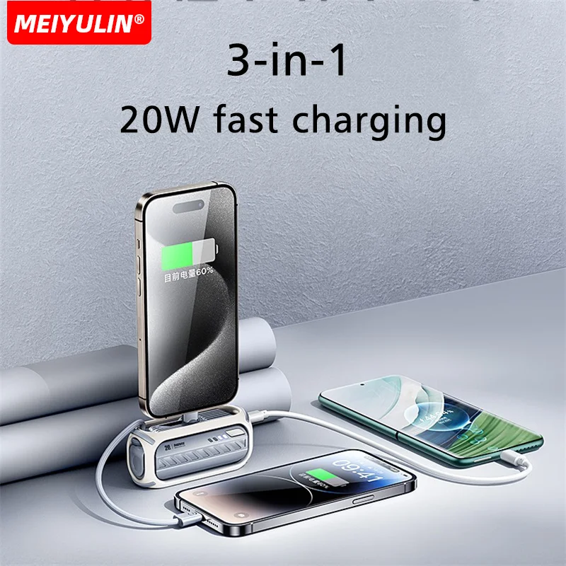 5000mAh Mini Power Bank Build-in Cable Small Powerbank External Spare Battery Portable Fast Charger For iPhone Samsung Xiaomi