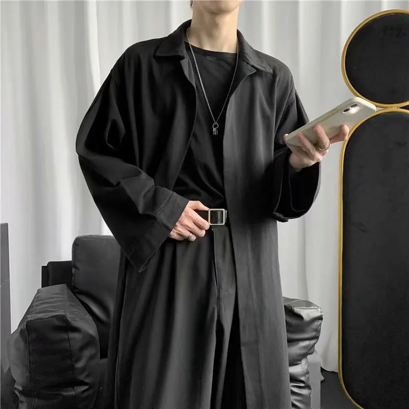 Trench Men Loose Solid Coats All-match Casual Handsome Turn-down Collar Tops Hong Kong Style Design Sashes Male Chic