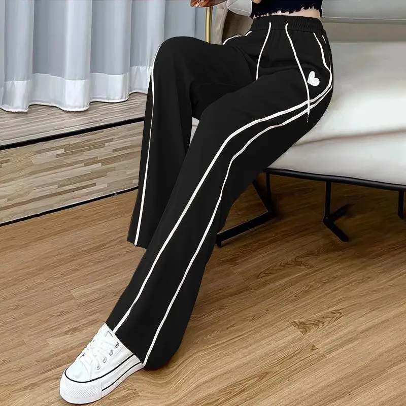 Fashion Wide Leg Sports Pants Women's Elastic Waist Patchwork Stripe Drawstring Pocket Embroidery Loose Straight Casual Trousers