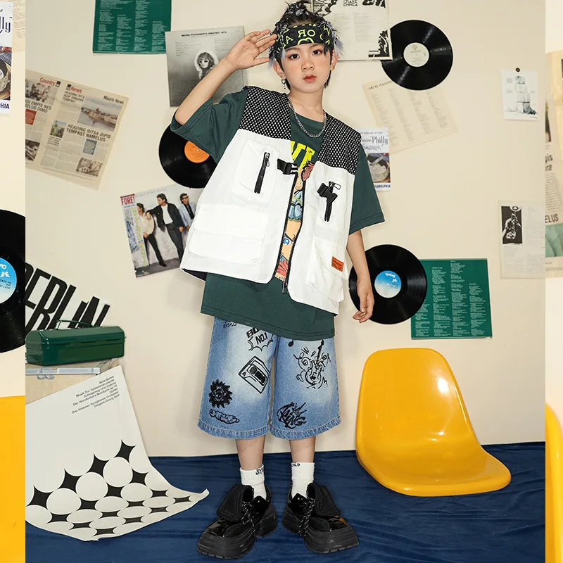 

Children Jazz Dance Costume Boys Street Dance Wear Hip Hop Clothing for Kids Loose Top Denim Shorts Stage Performance Outfits