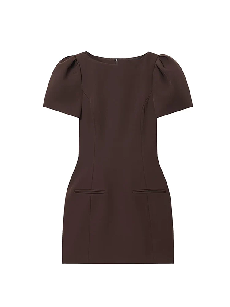 New Women's Short Sleeve Dress Elegant Solid Round Collar Simple Commuting Outfit Fashion Female Puff Sleeve Short Dresses