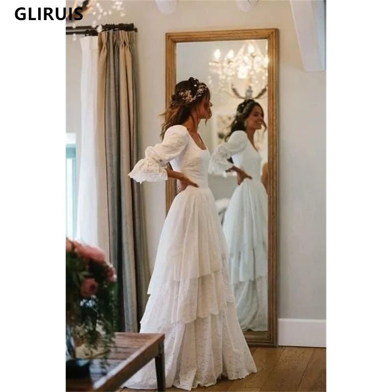 

Square Neck Wedding Dress 2023 Tiered A-Line Pleats Sweep Train Robe De Mariee Half Sleeves Dotted Bridal Gowns for Bride