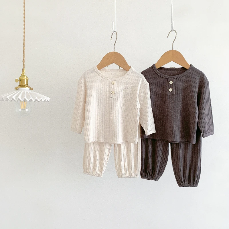 

Baby 2 PCS Pajamas 2023 New Auutmn Long Sleeve Infant Baby Clothing Set Ribbed Cotton Top+Pant Soft Homesuit