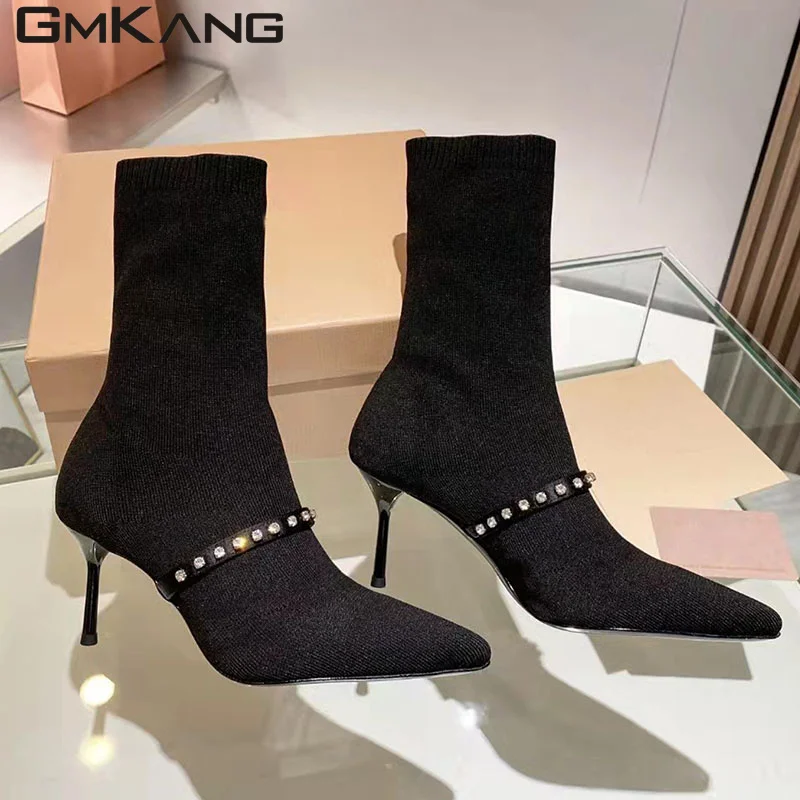 Runway High Heel Knit Boots Women Black Silver Stretch Sock Boots Rhinestone Wedding Shoes Women Stiletto Modern Boots Woman