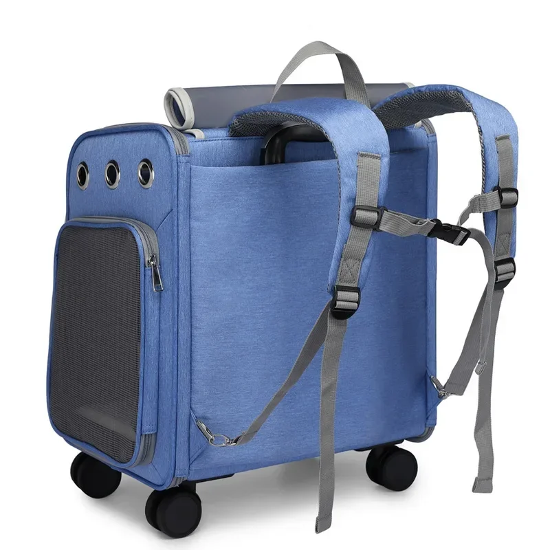 Pet Trolley Backpack Large Space Cat Carrier with Universal Wheel Foldable Pull Rod Small Animal Carrier