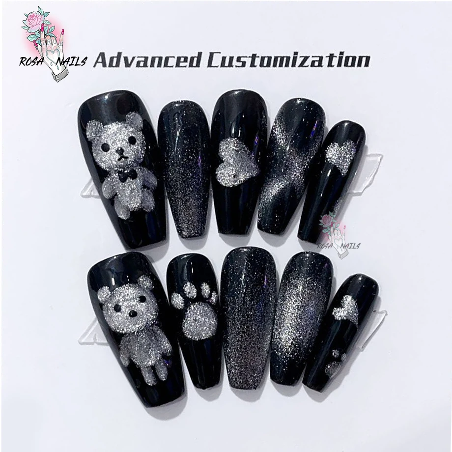 Rosa Nail Black Bear Pressons Bulk All'Ingrosso Personalizzato Fatto A Mano Stampa Sulle Unghie Con Cuori Cat Eye Bears Accrylic False Presson Tip
