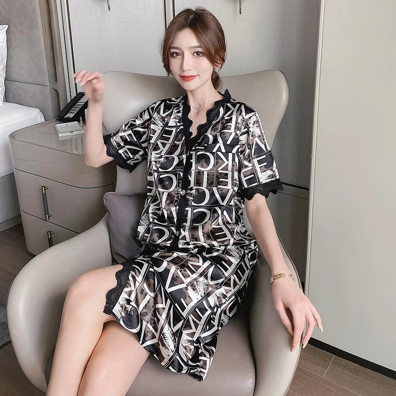 Sexy Lace Trim Ladies Night Shirts Women Ice Silk Sleepwear Female Nightgown Satin Nightdress Lounge Sleep Dress Home Clothing