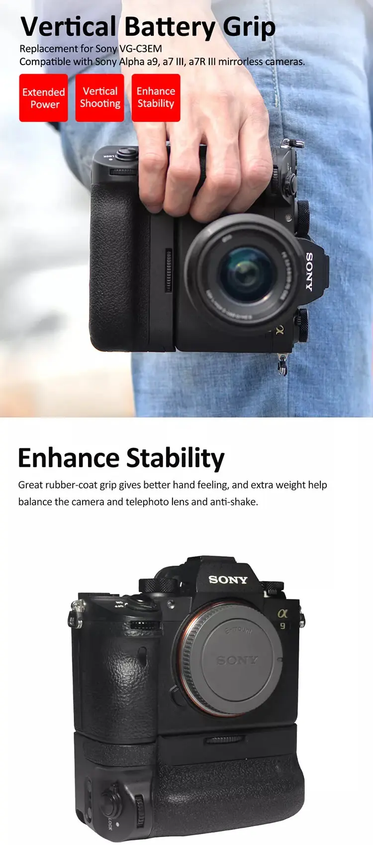 VG-C3EM Vertical Battery Grip for Sony A9 A7RIII A7III A7III