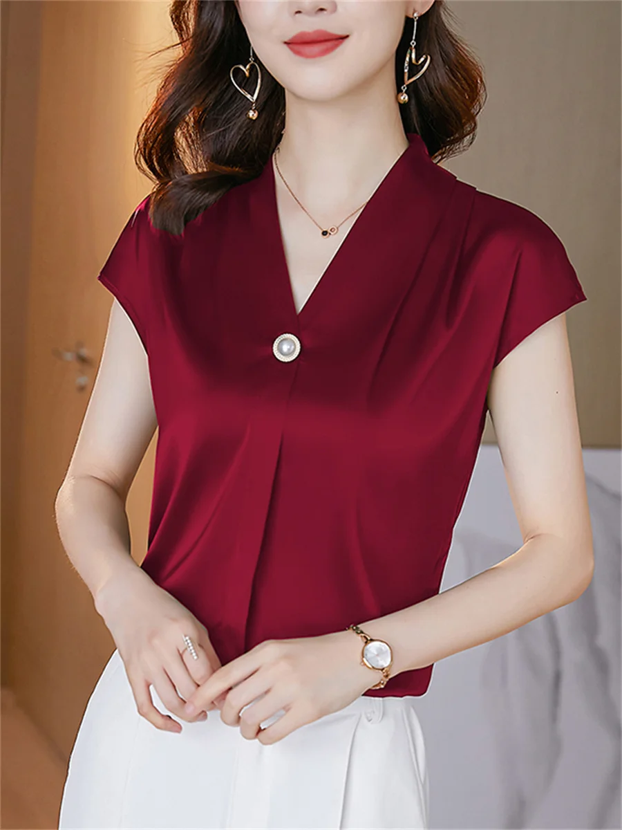 

Женская летняя стильная шелковая фотосессия, повседневные однотонные шелковые блузы с рукавом до локтя и V-образным вырезом ZZ1270