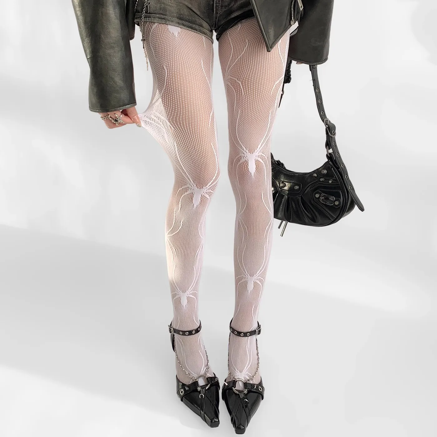 Schwarz-graue Spinnenmuster-Strumpfhose im Y2K-Stil, sexy Spitzen-Hohlstrumpfhose, ausgehöhlte, dünne Punk-Retro-Strümpfe in Schwarz – Detail 3