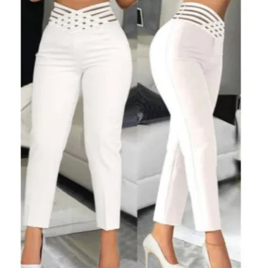 

White Elegant Cuffed Pencil Pants Summer Hollow Out High Waist Women Cargo Straight Long Trousers Party New 2024 Y2k Capris