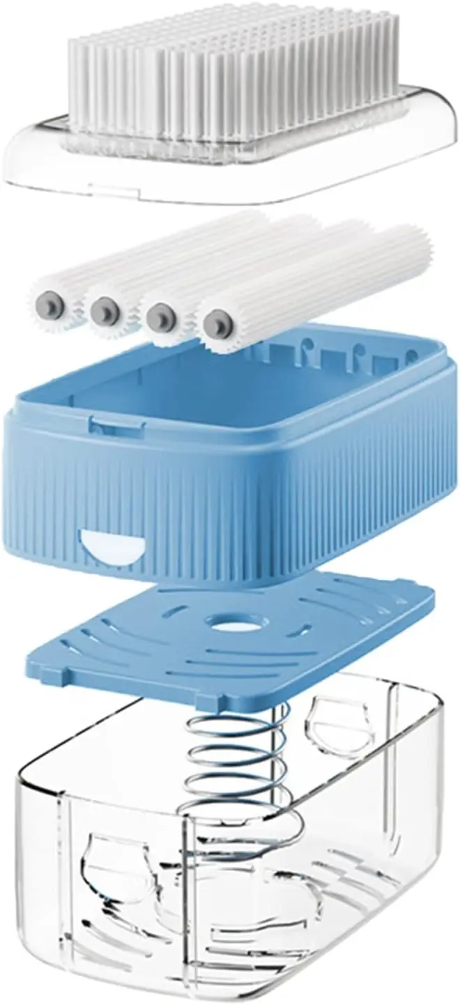 Laundry soap caddy with built-in brush roller latherer, rectangular organizer for travel, bathroom and clothing care