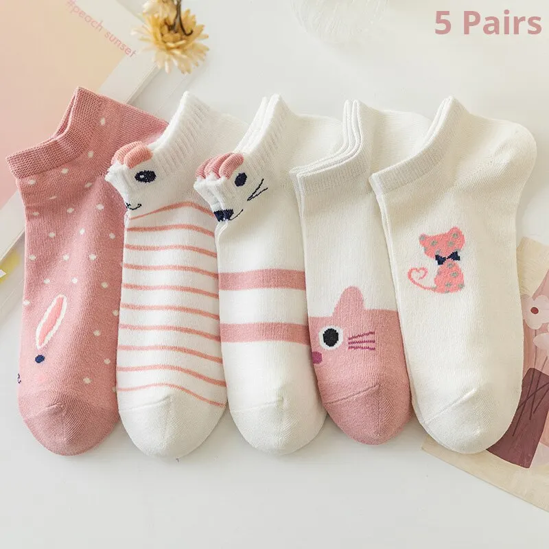 5-Pairs-Women-s-Short-Tube-Socks-Pink-Cat-Thin-Four-Seasons-Cute-Boat ...