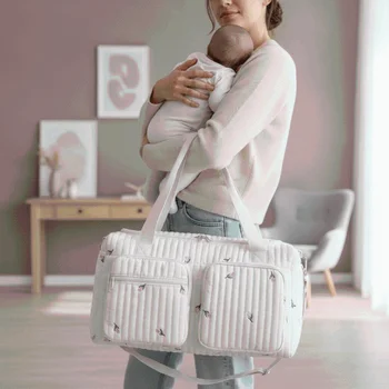 Borsa Tote Ricamata Grande Capacità, Organizer per Pannolini, in Cotone Trapuntato, con Orsetto Carino, Borsa per Mamma con Cerniera, Lavabile, da Viaggio, per Bambini