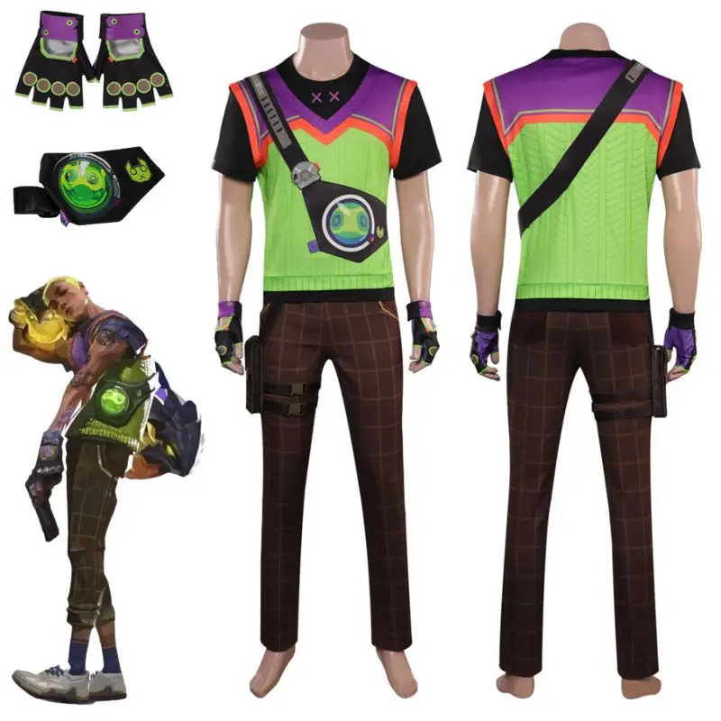 

Game Valorant Gekko Cosplay Costume Tops Pants for Men Full Set Outfits Shoulder Bags Belt Gloves Halloween Carnival Party Suit