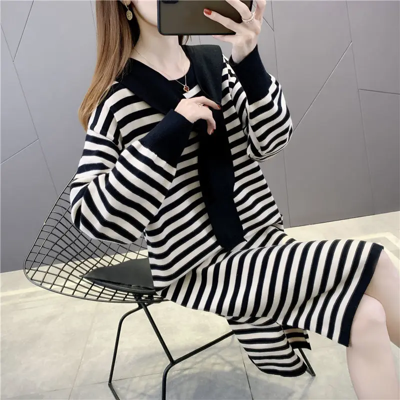 

3XL Sweater Women's 2022 Autumn Winter New Long Warm Sleeve Knitted Skirt Length Loose Striped Over Knee Knitting-dress Female's