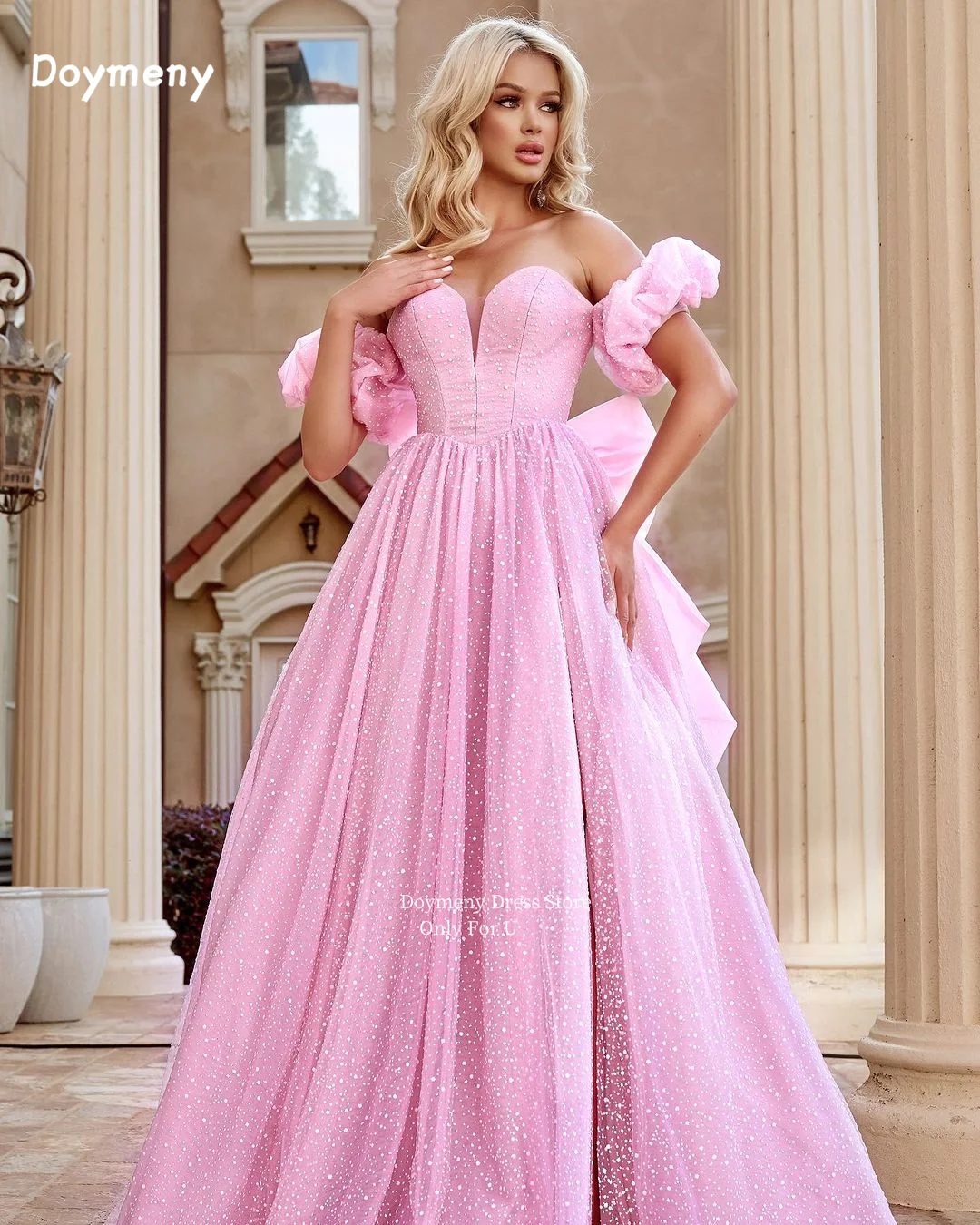 

Doymeny Sparkling Tulle Bow Prom Dresses Sweetheart Puffy Short Sleeves Evening Dresses A Line فساتين السهرة vestidos de fiesta