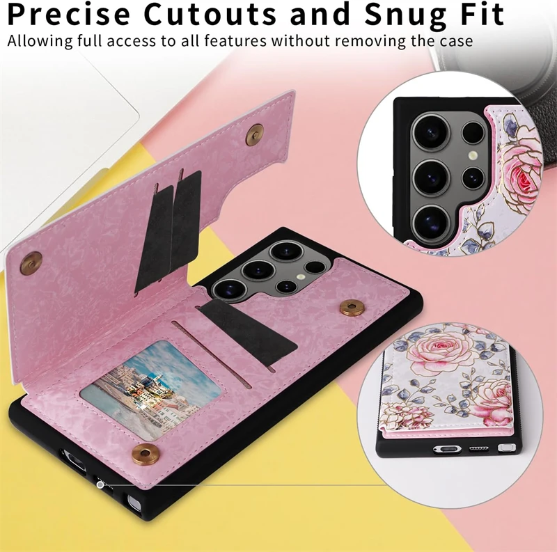 Floral Wallet Card Holder Flip Leather Case with RFID Blocking Technology