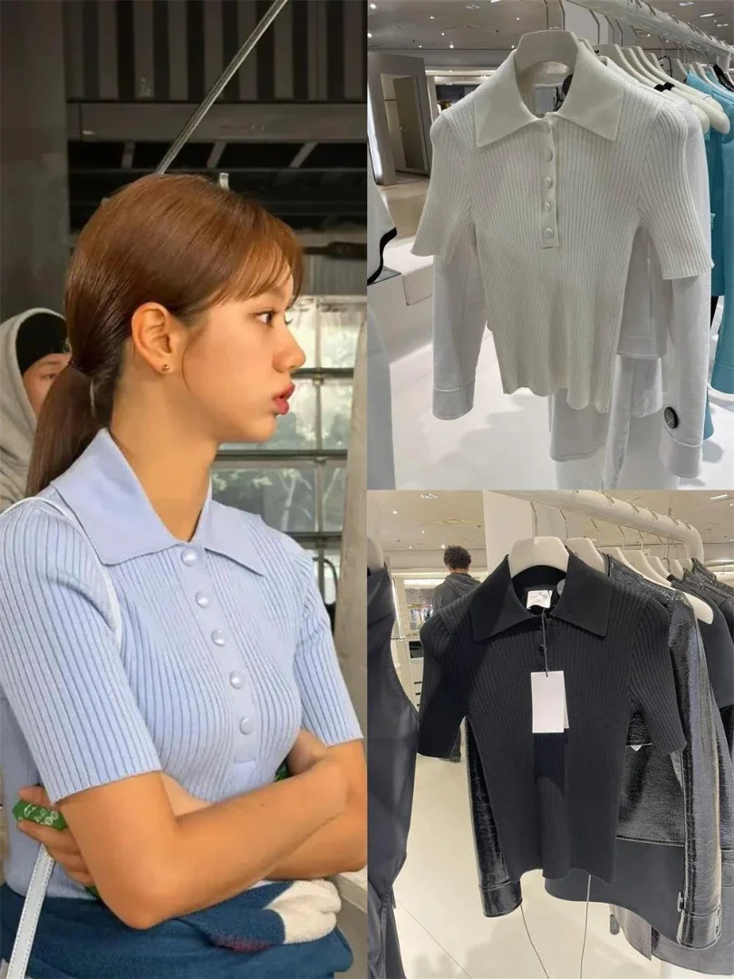 

Fashion Classic Trendy Luxury Design Embroidered Single Breasted Polo Knitted Short Sleeved T-shirt Female C5