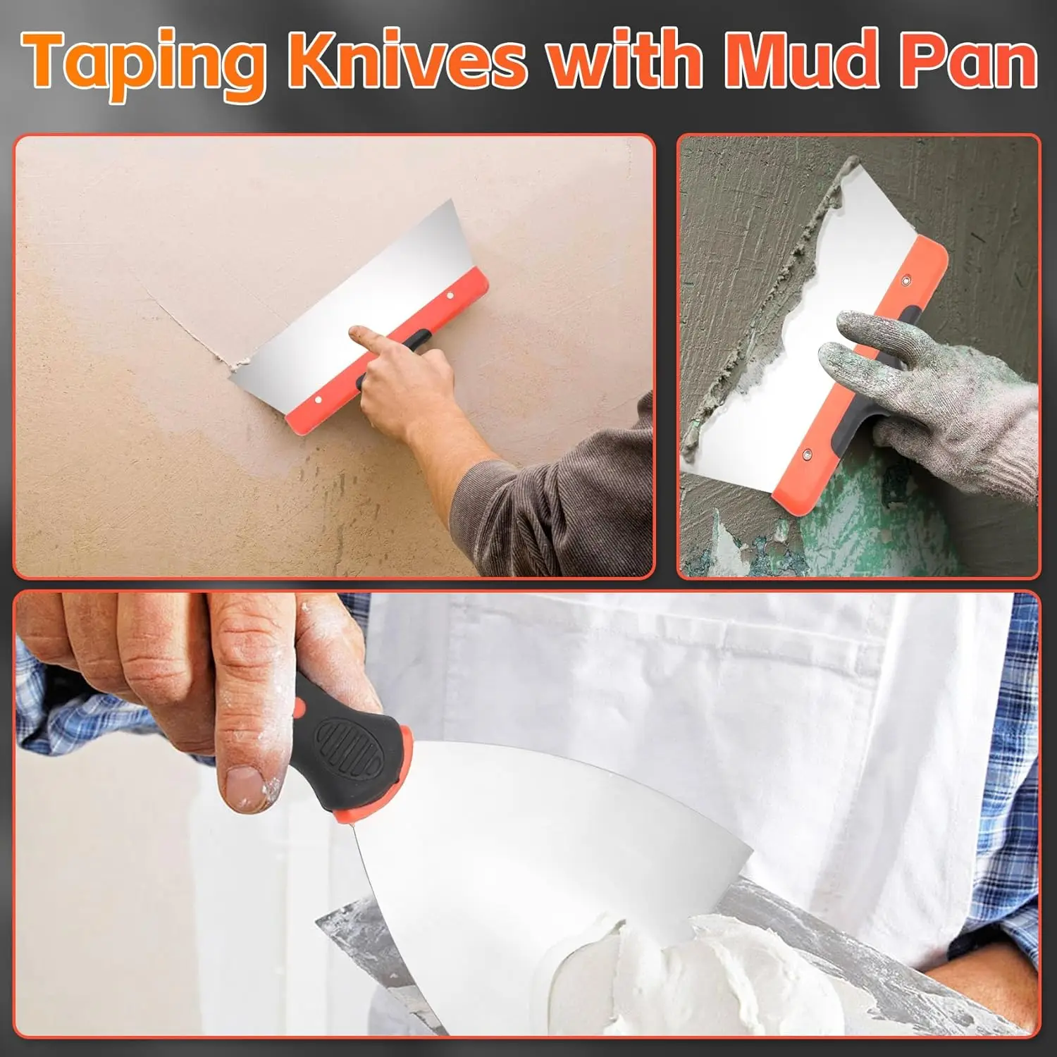 Drywall Knife Set, 10 Pcs Stainless Steel Hand Tool Kit Includes Putty knife, Taping knife, Painter Scraper Tool & Mud Pan 6