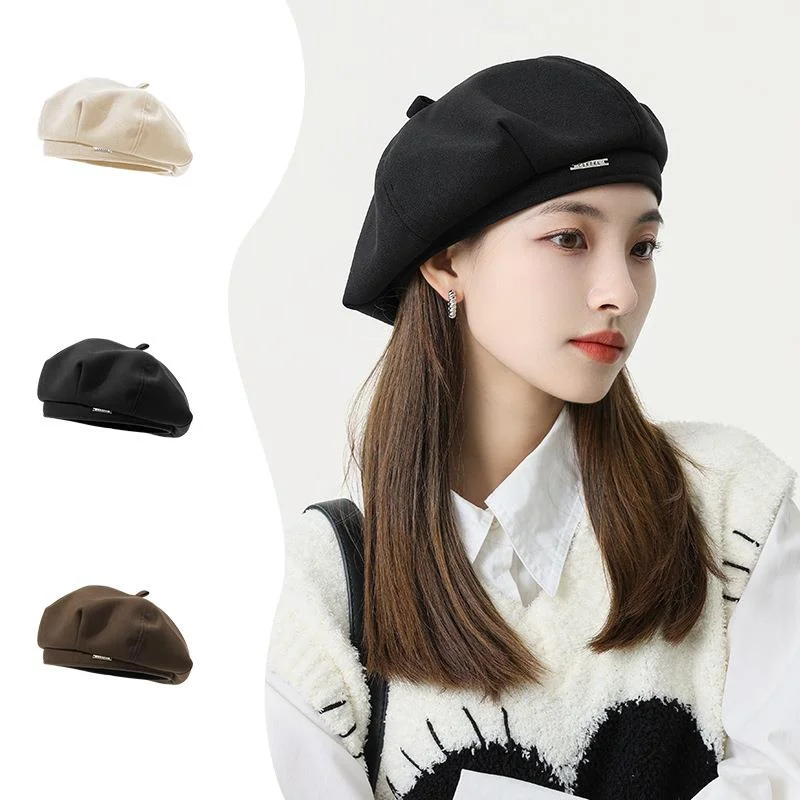 Nouveau béret en métal de laine d'automne et d'hiver avec un logo, chapeau octogonal pour enfants, grosse tête, petit visage, chapeau de peintre à la mode et artistique_voghion.com