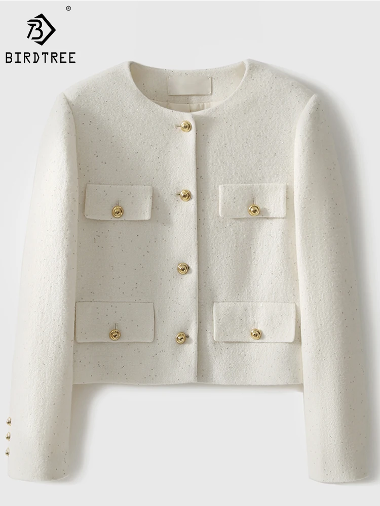 

Birdtree 51.7% Cotton 48.3% Wool Elegant Coat Round Neck Long Sleeve Sequins Premium Temperament Commute Short Coats C30012QD